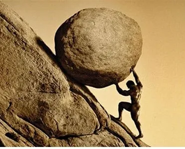 man pushing boulder up the hill