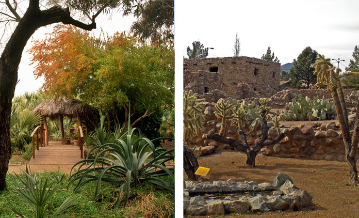 Two images - one shows a group of people eating a meal in a field. The other is a mission-style building exterior at sunset