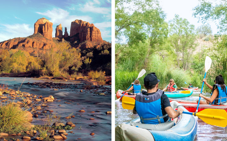 Two images: One shows a creek with giant red rock formations in the back; the other features several people in kayaks rowing