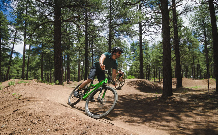 A man rides a bike on a dirt trail through a forest of pine trees in the daytime.