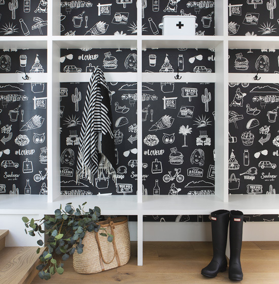 Black and white wallpaper decorated with hand-drawn illustrations of a Phoenix neighborhood