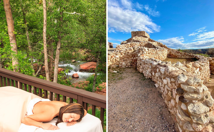 Two images: A woman relaxes on a massage table outside, near a creek; stones of ancient ruins