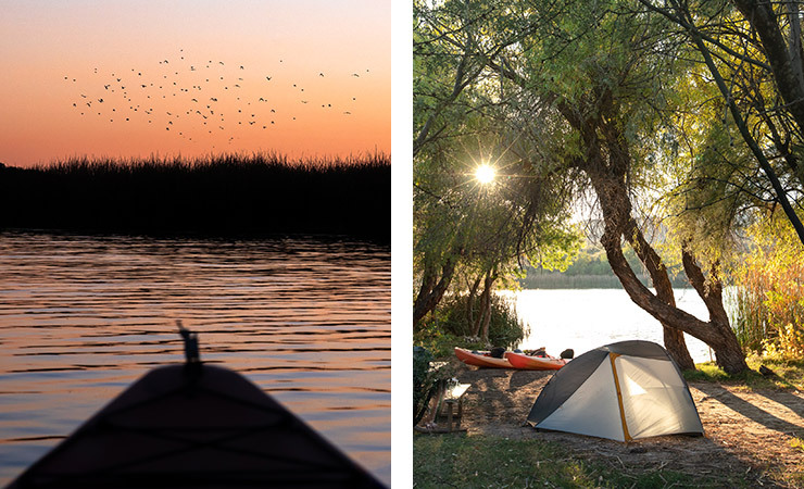 Two images. A kayaker at sunset and a single tent sits near a quiet lake at daytime