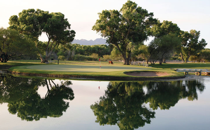 Large, green mesquite trees dot a green golf course that sits near a lake, mirroring the trees above