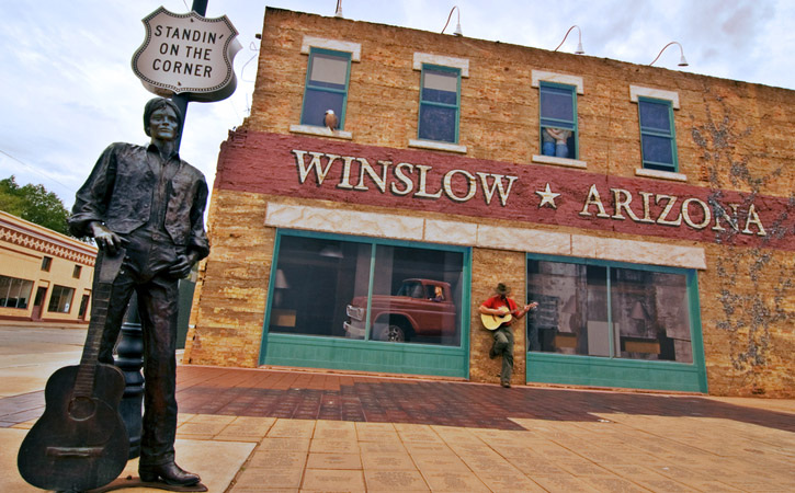 A statue of singer Glenn Frey stands on the corner in Winslow, Arizona