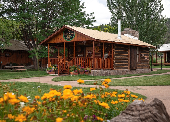 A cabin sits among the wild flowers during the day.