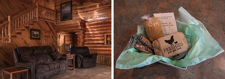 Two photo collage of a cabin at X Diamond Ranch and a gift basket of eggs and bread.