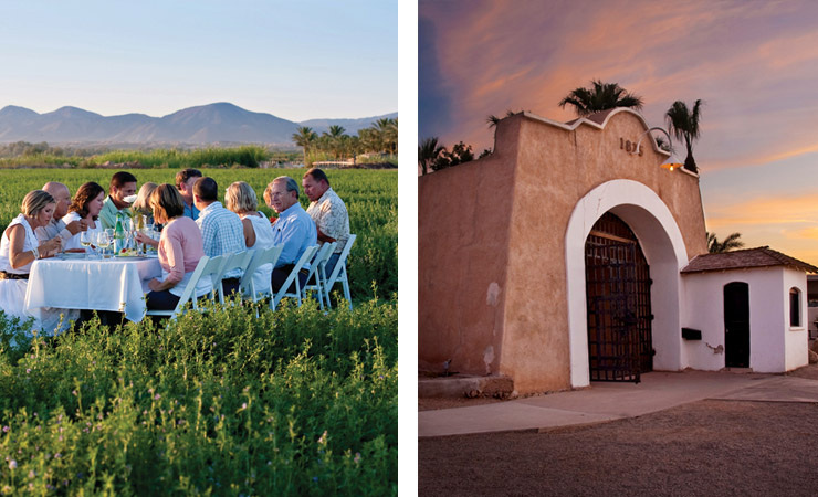 Two images - one shows a group of people eating a meal in a field. The other is a mission-style building exterior at sunset