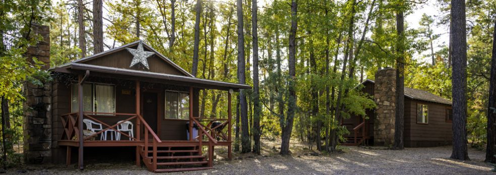 Two cabins sit amidst pine trees at Whispering Pine Resort