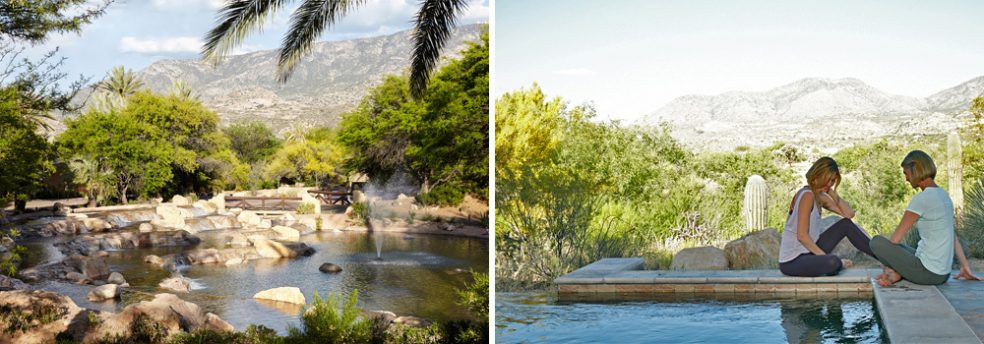 The grounds of Miraval Resort and Spa, and two friends laugh next to a pool with the mountains in the background