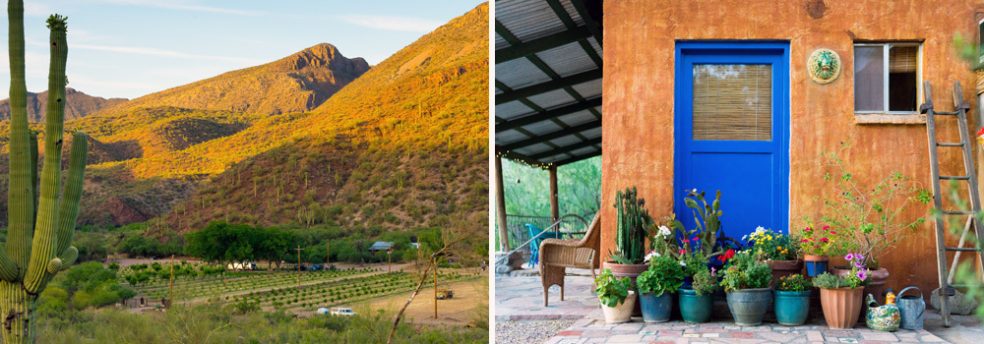 An overhead shot of the orchard inn among the mountains of the canyon, and the outside of the Blue Door casita