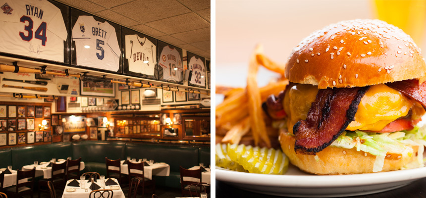 Two images - one is a burger and fries, and the other is an interior of Don and Charlies with all their sports memorabilia