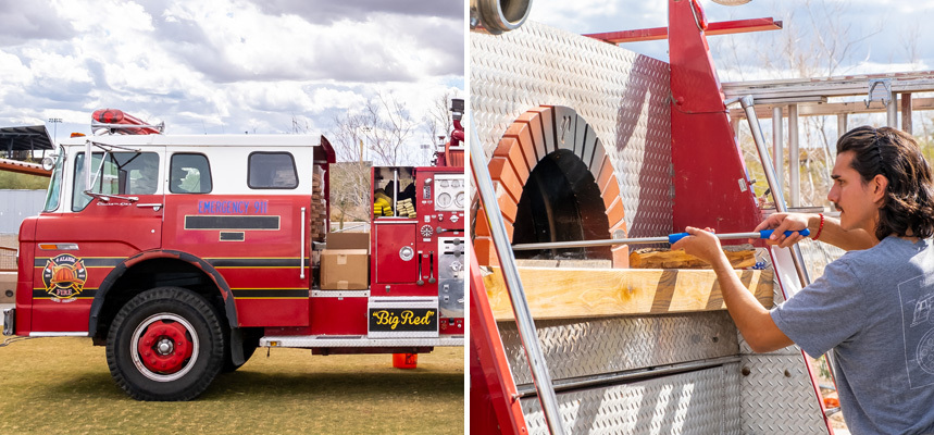 Left: Dang Bro Pizza food truck and Right: An employee checks on a pizza in the oven, located in the back of the truck