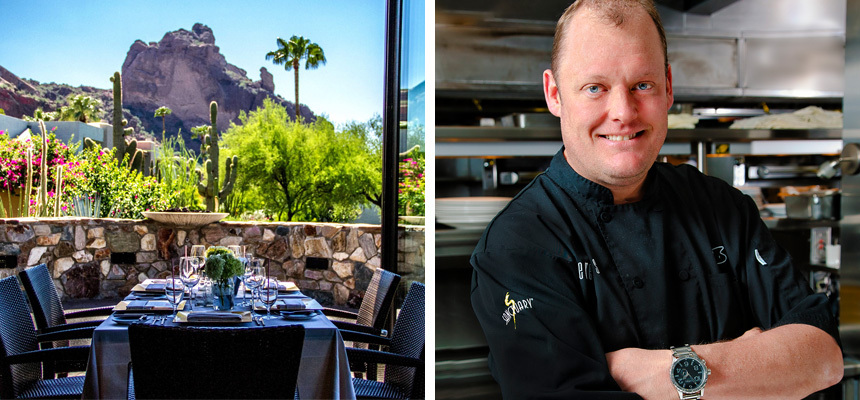 View of the Elements dining room, with the mountains in the background, and Chef Beau Macmillan