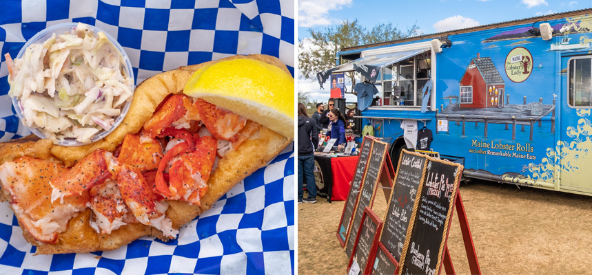 Left: A lobster roll with lemon and coleslaw, on the right: Maine Lobster Lady's food truck