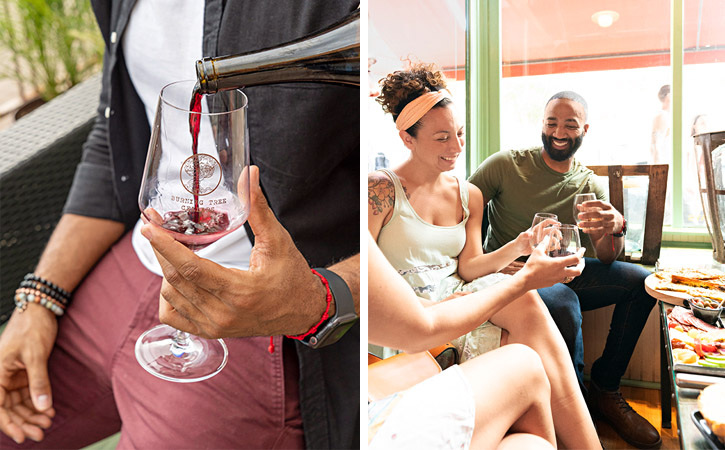 Two images: One is a man with a wine glass being filled with red wine; the other is a couple in a bright space drinking wine