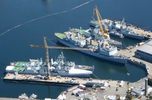 Aerial photograph of Canadian warships docked at CFB Esquimalt 