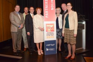 On hand at Surrey City Hall for the launch of the adjudication visit are (from left) Cllrs. Mike Starchuk and Dave Woods, Robert Bell, Co-Founder Intelligent Community Forum, Mayor Linda Hepner, Cllrs. Barbara Steele, Bruce Hayne and Judy Villeneuve. Photo: Ray Hudson