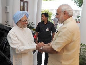 Former India Prime Minister Dr. Manmohan Singh calling on Prime Minister Narendra Modi, in New Delhi on May 27, 2015.