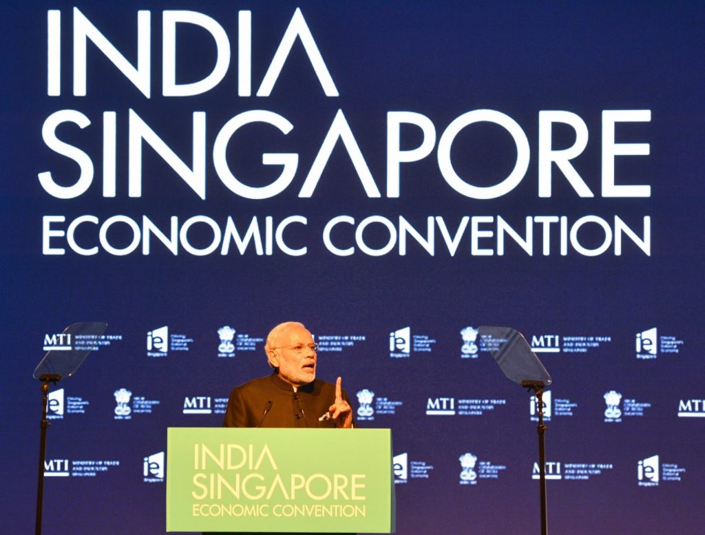 Singapore: Prime Minister Narendra Modi addresses at the India-Singapore Economic Convention, in Marina Bay Sands Convention Centre, Singapore on Nov. 24, 2015. (Photo: IANS/PIB)