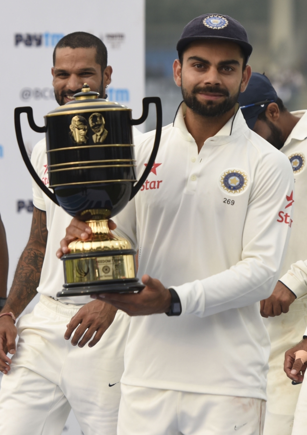 New Delhi: Indian cricketer Virat Kohli during the presentation ceremony after the Fourth and the final test match between India and South Africa at the Feroz Shah Kotla Stadium in New Delhi on Dec. 7, 2015. India won. (Photo: IANS)