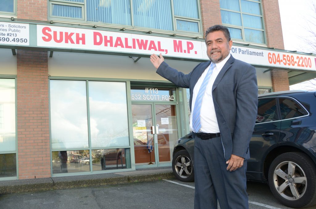 Surrey Newton MP Sukh Dhaliwal stands before the office he occupied during his previous terms in parliament, although a new location, more centrally situated in the riding will be opened soon. Photo: Ray Hudson