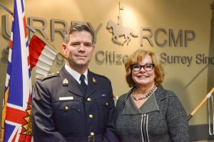 Chief Superintendent Dwayne McDonald is introduced by Mayor Linda Hepner at Surrey’s main detachment.  Photo: Ray Hudson