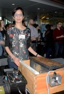 Oldooz Pooyanfar demonstrates a model of a hive with the sensors installed.