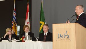 Carla Qualtrough, MP Delta, Minister for Sport & Persons With Disabilities; Mayor Lois Jackson, George Harvie,  Chief Administrative Officer for Delta; Peter Fassbender, MLA for Surrey-Fleetwood, Minister for TransLink representing Transportation Minister Todd Stone.