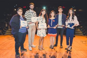 L to R: Sukhpreet (Sam) Devgun, Overcoming Adversity; Premvir Singh Samra, Community Service; Shawna Narayan, Youth Leadership; Gurmehak Bhourji, Arts & Culture Leadership; Devansh Babla, Environmental Leadership; Pallvi Sehijpaul, International Leadership; Missing – Yousof Al-Autman, Sports Leadership.