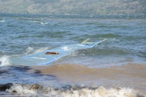 Normally docile Trepanier Creek at Peachland rages into Okanagan Lake which is now above 1948 levels. Photos: Ray Hudson