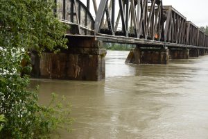 With the Fraser River running high everyone relies on the water level against the Mission Railway bridge and the river gauge (at right) at Mission BC to determine the urgency of the precautions necessary as the freshet gets underway.