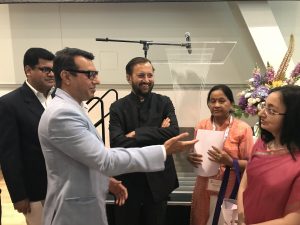 Consulate General of India, Mrs. Abhilasha Joshi (right), Indian Human Resource Development Minister Mr. Prakash Javadekar (middle) and Aditya Tawatia (left).