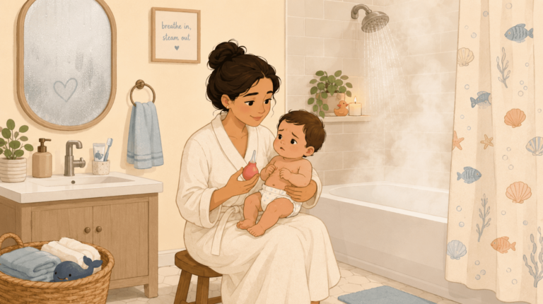 Mom trying to calm a congested baby by sitting with him in a steamy bathroom