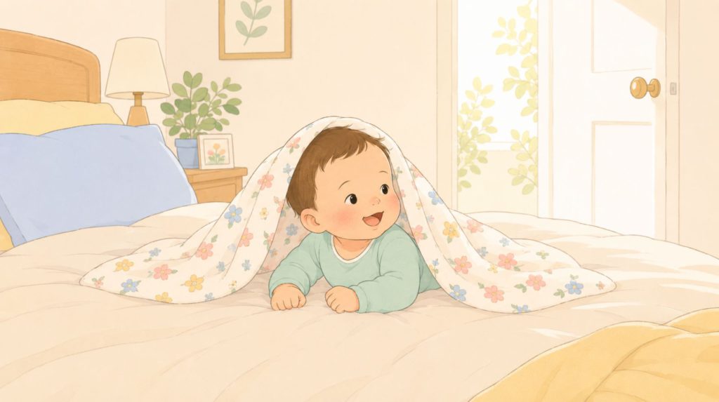 A baby of 3 months head covered with a blanket posing a safety risk as per AAP Safe Sleep Guidelines 2022