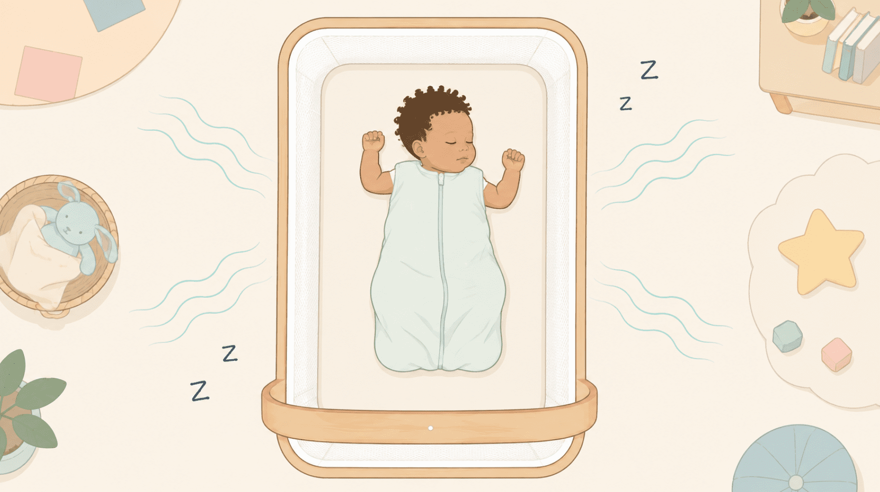 Baby sleeping peacefully in the crib with white noise for babies playing