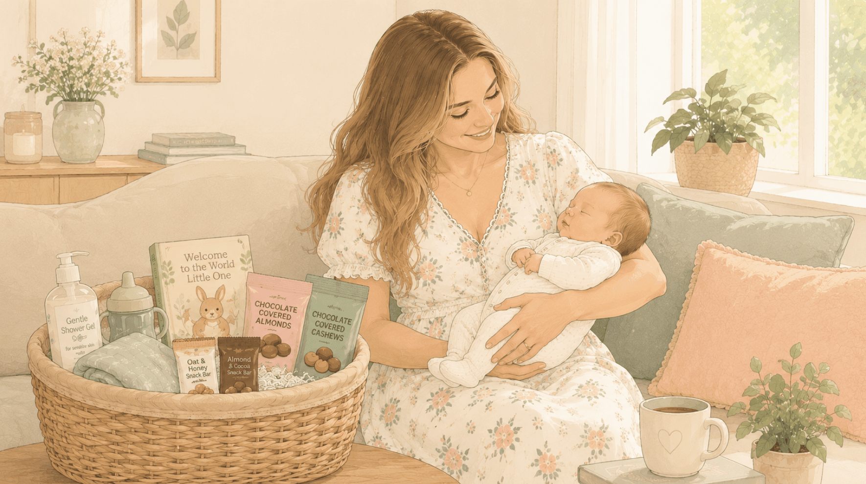 A new mom holding her newborn baby and sitting beside a basket of postpartum gifts for mom