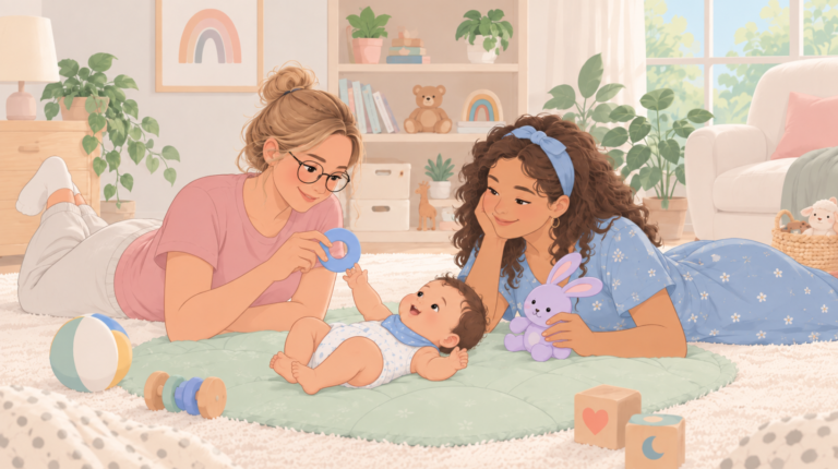 Parents playing with their 3 month old baby on a mat