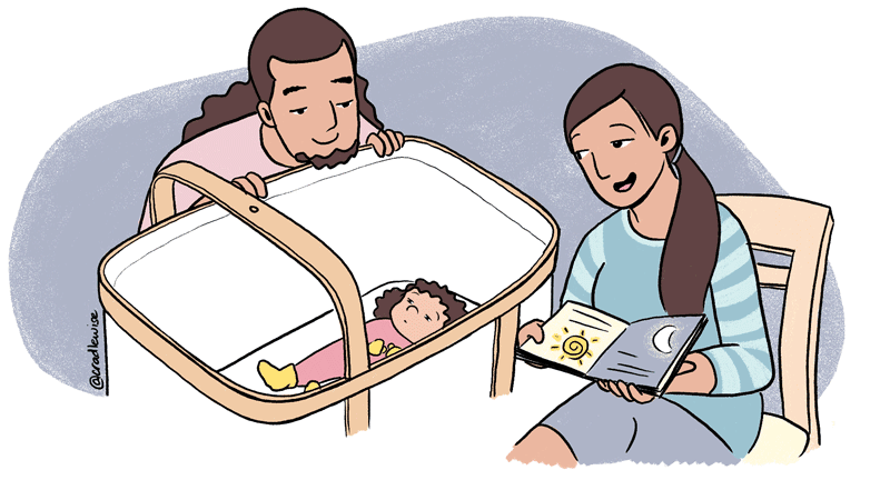 mom reading to the baby in crib