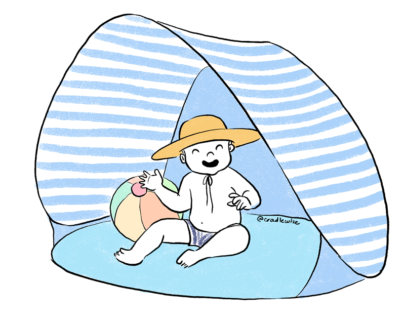 baby chiling in a beach tent