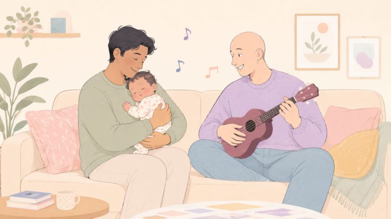 A dad singing lullaby to his baby, while the other dad is soothing baby to sleep