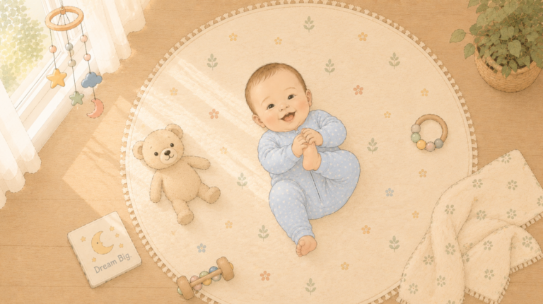 Baby lying on the playmat and holding his foot, learning to roll over