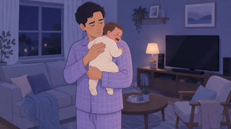 A father comforting the gassy baby who is crying