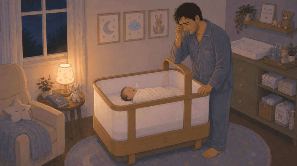 A dad looking at his newborn baby sleeping in the crib and wondering at the baby sleep noises
