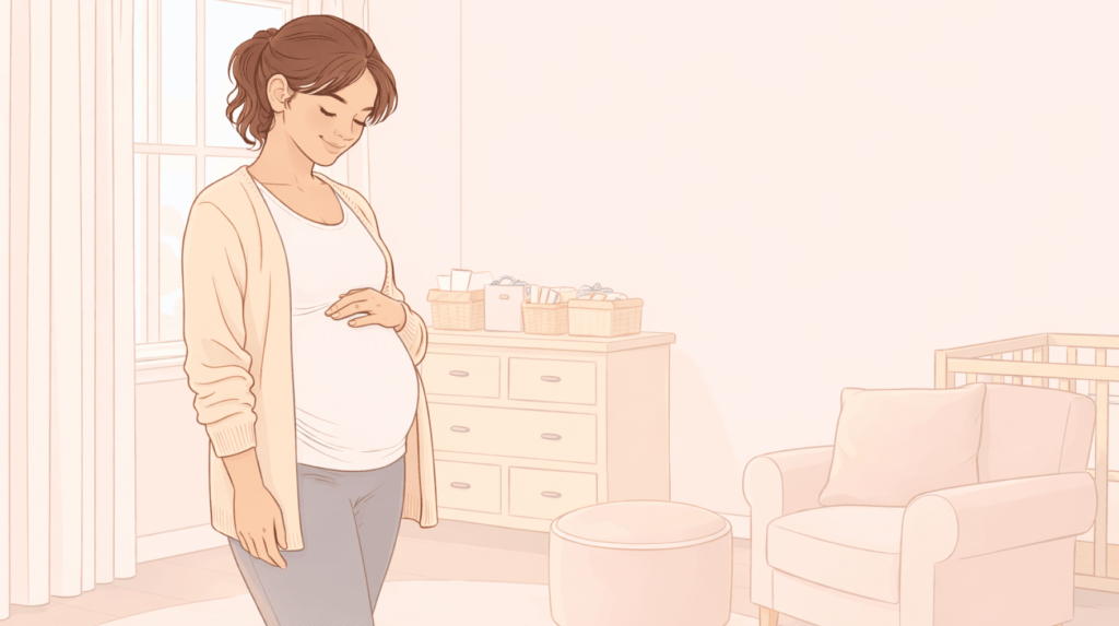 A pregnant woman holding her belly, smiling thinking about pregnancy safety tips