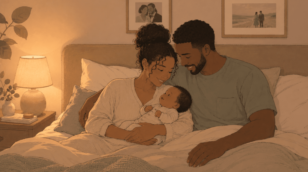 New parents sitting on their bed and looking lovingly at their newborn baby leading to a surge of oxytocin in their body
