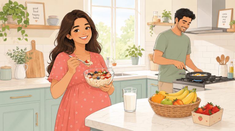 Woman eating oats with berries and milk, as part of foods for baby brain development during pregnancy while her husband is cooking eggs for her