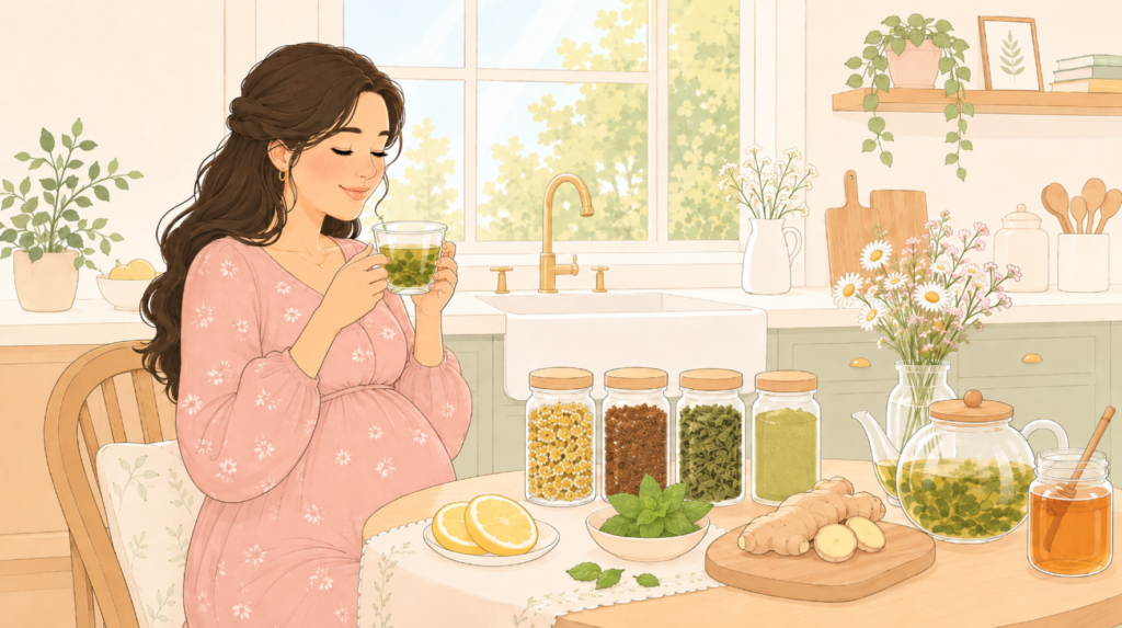 A pregnant person enjoying pregnancy tea, and has an array of herbs, flowers and spices ideal for herbal teas