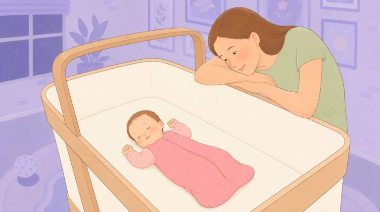 New mother looking at her newborn sleeping safely on a flat and firm mattress in a crib as per the Safe sleep guidelines by AAP