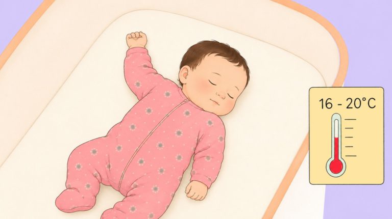 A baby soundly asleep in their crib with a room temperature gauge beside it